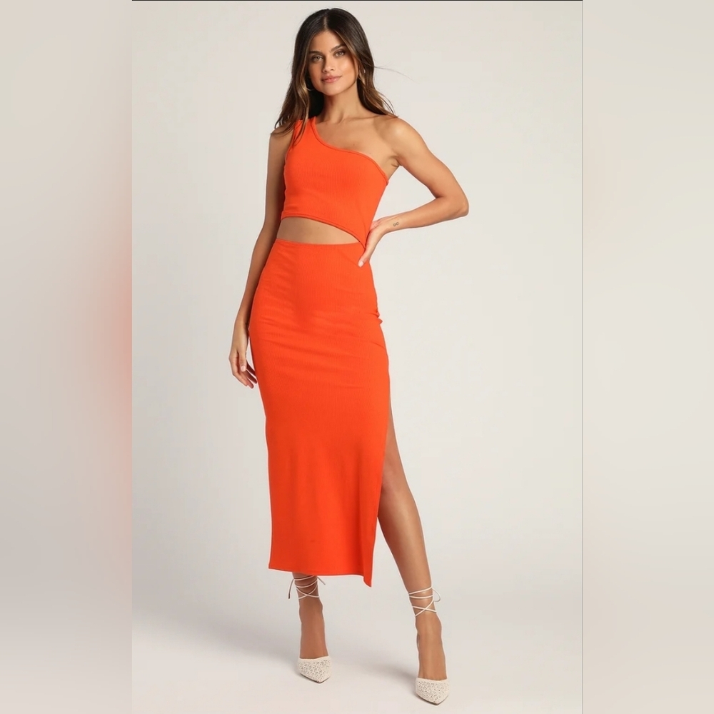 Lulu's Spice Things Up Orange Ribbed One-Shoulder Cutout Midi Dress